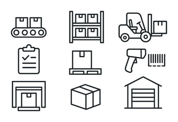 Warehouse and logistics outline icons set &ndash; line style supply chain, storage, and distribution symbols for inventory management: conveyor, forklift, pallet, barcode, warehouse, box