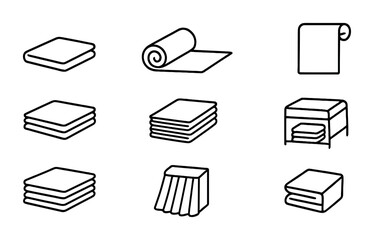 Textile and linen outline icons set – stylish fabric, clothing, and soft furnishing symbols for interior design: towel, bedding, blanket, stack, folded, sheets, duvet.