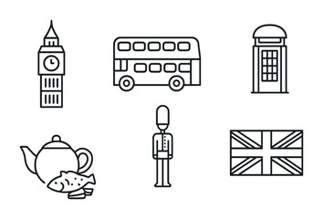 London travel outline icons set – line style explore uk, culture, and sights symbols for tourism: big ben, double-decker bus, red phone box, teapot, guard, union jack