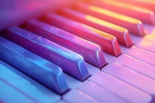 Piano keys in vibrant neon lighting with blue and pink gradient colors creating atmospheric mood for music and entertainment background. - Powered by Adobe