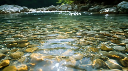 Obraz premium Crystal clear mountain stream flows over smooth river rocks, creating natural ripples and reflections in sunlit water, perfect for environmental and nature themes.