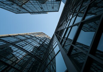 perspective towering structure reflective glass surfaces used corporate offices dark metallic fenestration system clear blue upper atmosphere business related concept modern building design looks