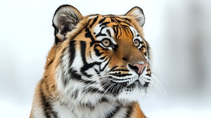 Obraz premium Majestic Siberian tiger head portrait against white winter background, showing detailed fur texture and intense blue eyes in close-up wildlife photography.