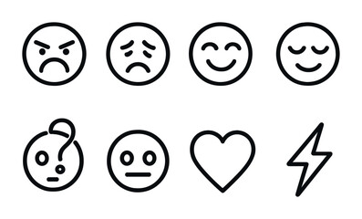 Obraz premium Emotion and mood linear icons set – outline style expressions and feelings symbols for communication: anger, sadness, happiness, surprise, love, neutral, sleep, energy.