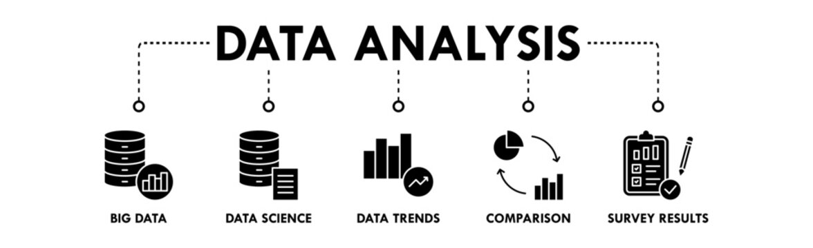 Data Analysis banner web icon illustration concept with icon of big data, data science, data trends, comparison, and survey results