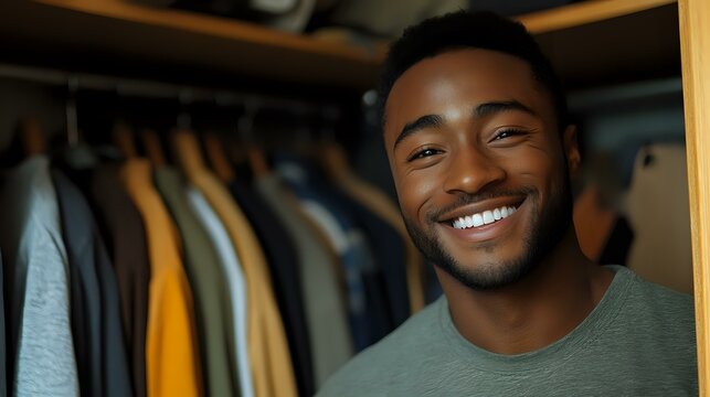 Young African American man with bright smile standing near wardrobe with colorful clothes, wearing casual green t-shirt in modern home interior.