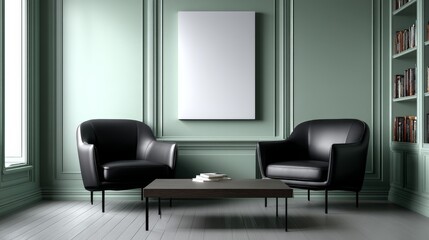 Modern Minimalist Library Interior with Sage Green Walls and Black Leather Armchairs