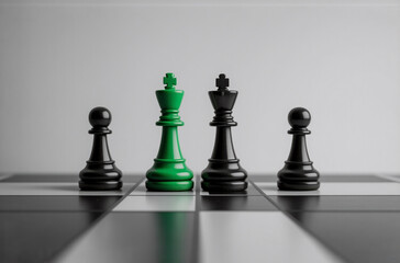 A green chess king stands out among three black kings and pawns on a chessboard, symbolizing leadership and competition.