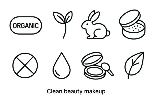 Clean beauty makeup icons set &ndash; outline style organic, vegan, and natural symbols for skincare: organic label, leaf, rabbit, powder box, no parabens, water drop, compact, leaf.