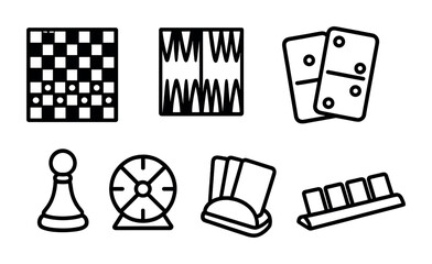Classic board game icons – outline style for gaming and entertainment: chessboard, backgammon, domino, pawn, roulette, card holder, mahjong tile