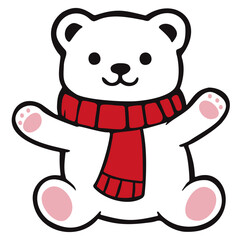 Polar bear cub wearing red scarf. Editable color vector