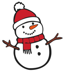Snowman wearing red scarf and knit hat. Editable color vector