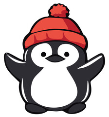 Cute penguin wearing red knit cap. Editable color vector