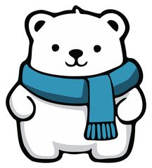 Polar bear cub wearing blue scarf. Editable color vector