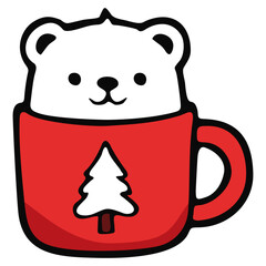 Polar bear cub peeks out from inside a cup. Editable color vector