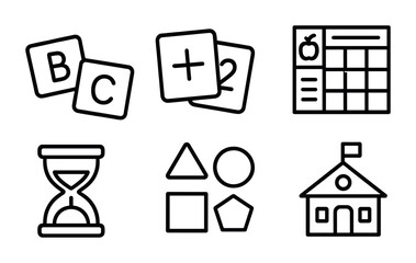 Educational outline icons set – flat style learning and school symbols for classroom and teaching: alphabet blocks, math cards, timetable, hourglass, shapes, schoolhouse.