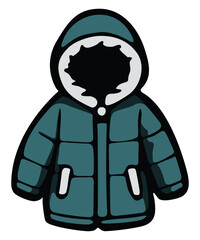 Black parka puffer jacket closed fur hoodie. Editable color vector