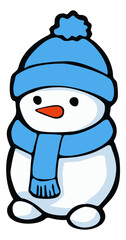 Snowman wearing blue scarf and beanie. Editable color vector