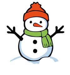 Snowman wearing green scarf and orange hat in snow. Editable color vector