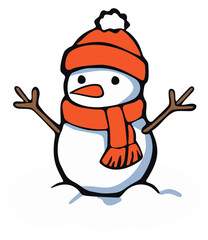 Snowman wearing orange scarf and hat in snow. Editable color vector