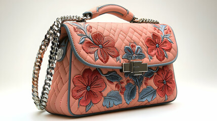 Delicate Floral Embroidered Peach-Colored Quilted Handbag