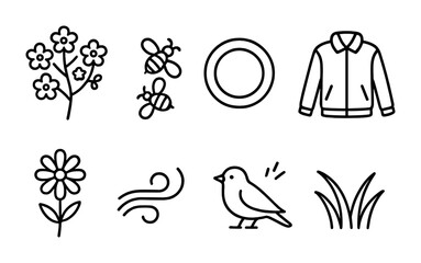 Fototapeta premium Nature and ecology icon set – outline style for environmental awareness, floral symbols, and wildlife designs: flower, honeybee, bird, wind, jacket, grass, plate