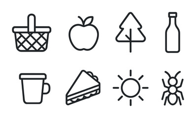 Fototapeta premium Picnic and outdoor line icons set – outline style for nature, recreation, and leisure activities: basket, apple, tree, bottle, mug, sandwich, sun, ant.