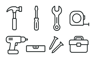 Fototapeta premium Home repair tools icon set – outline style diy, construction, and maintenance symbols: hammer, screwdriver, wrench, tape measure, drill, level, nails, toolbox.