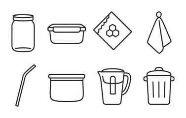 Eco-friendly kitchen line icons set – outline style for sustainable living and zero waste practices: jar, container, beeswax wrap, towel, straw, jug, bin