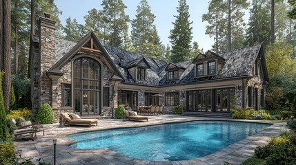 Fototapeta premium Luxury Stone House with Pool in Wooded Setting