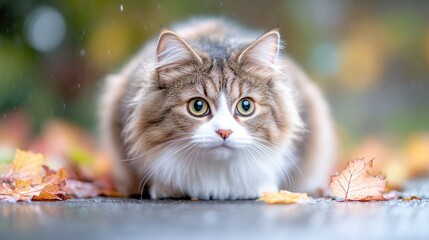 Fluffy cat amidst autumn leaves