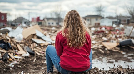 Fototapeta na wymiar A young woman reflecting on destruction in a devastated area after a disaster.