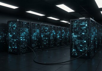 rendered representation facility housing digital information storage non representational data servers luminous light emitting diode indicators non representational network ceiling illumination