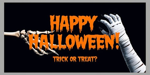 Spooky Halloween concept with skeleton hand reaching toward a mummy hand on black background, with bold text reading "Happy Halloween! Trick or Treat?" in eerie orange
