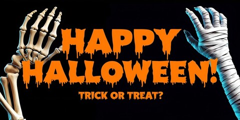 Spooky Halloween concept with skeleton hand reaching toward a mummy hand on black background, with bold text reading "Happy Halloween! Trick or Treat?" in eerie orange
