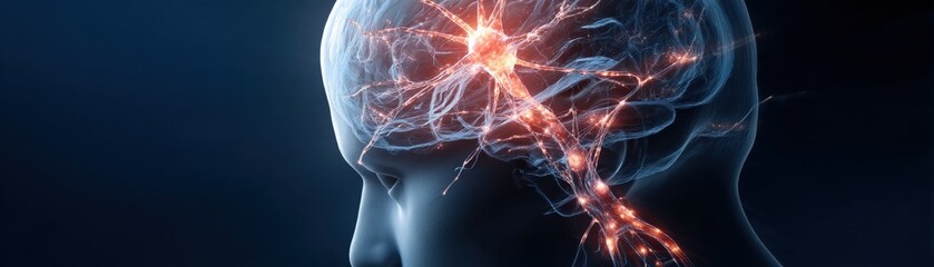 A digital illustration of a human brain with neural connections illuminated, showcasing the complexity of neural pathways and brain activity.