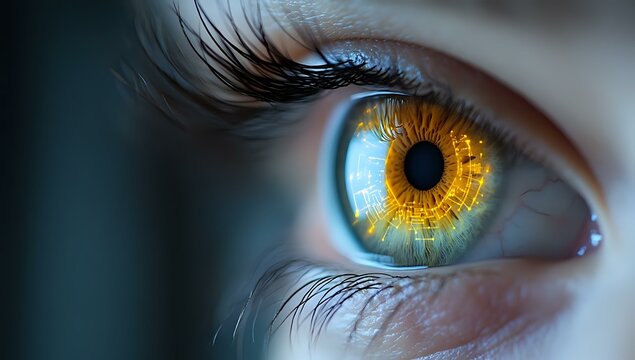 Extreme macro photography of amber colored human eye with detailed iris pattern and long eyelashes against blue background, showing intricate eye structure. - Powered by Adobe
