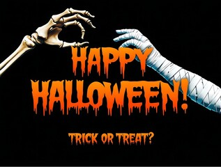 Spooky Halloween concept with skeleton hand reaching toward a mummy hand on black background, with bold text reading "Happy Halloween! Trick or Treat?" in eerie orange
