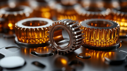 Close-up of Interlocking Metal and Amber Gears on a Metallic Sur