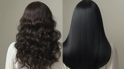 Fototapeta premium Long dark hair shown in two styles - voluminous curly waves and straight sleek finish, demonstrating professional hair styling transformation and beauty treatment results.