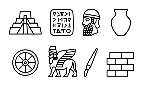 Ancient mesopotamia outline icons set &ndash; historical archeology, culture, and civilization symbols for educational resources: ziggurat, cuneiform tablet, figure, pottery, wheel, lamassu