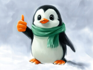 Fototapeta premium Adorable Penguin Cartoon: Cute Snowy Character Illustration with Green Scarf – Fun and Friendly Animal Art for Children's Holiday Joy
