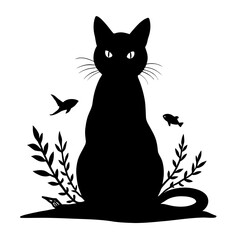 Elegant Black Cat Silhouette with Fish and Aquatic Plants