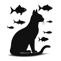 Silhouette of a Cat Surrounded by Fish Elegant Black and White Illustration