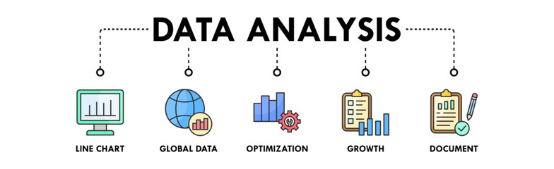 Data Analysis banner web icon illustration concept with icon of line chart, global data, optimization, growth, and document
