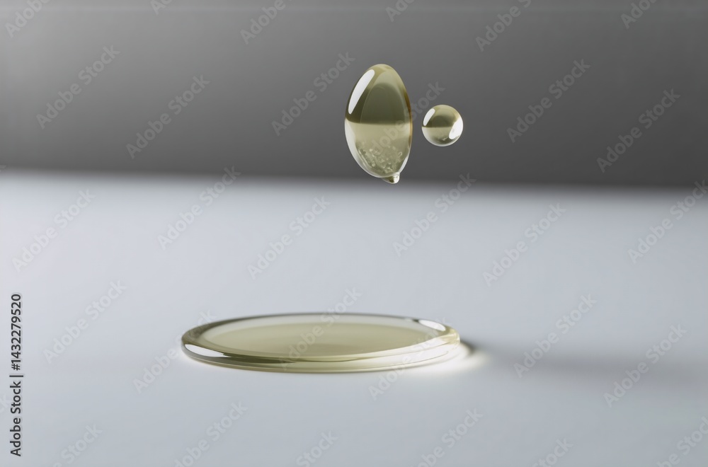 Poster a single, large droplet of translucent, pale yellow liquid hangs in mid-air above a smaller droplet 