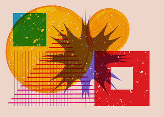 Risograph Gold Coin with geometric shapes. Objects in trendy riso graph print texture style design with geometry elements.