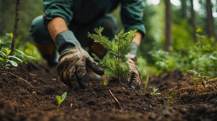 Dedicated gardener plants a young tree sapling in lush forest to promote growth