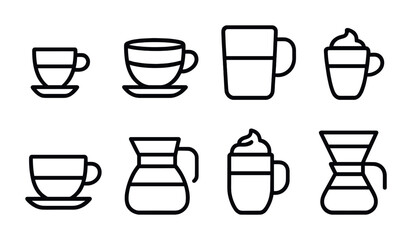 Beverage and coffee outline icons set – linear style cafe, drink, and espresso symbols for menu design: coffee cup, mug, cappuccino, espresso machine, teapot, french press.