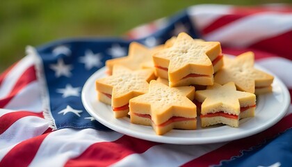 plate of star-shaped sandwiches on a picnic table decorated with patriotic tablecloth of american flag, Memorial Day created with generative ai